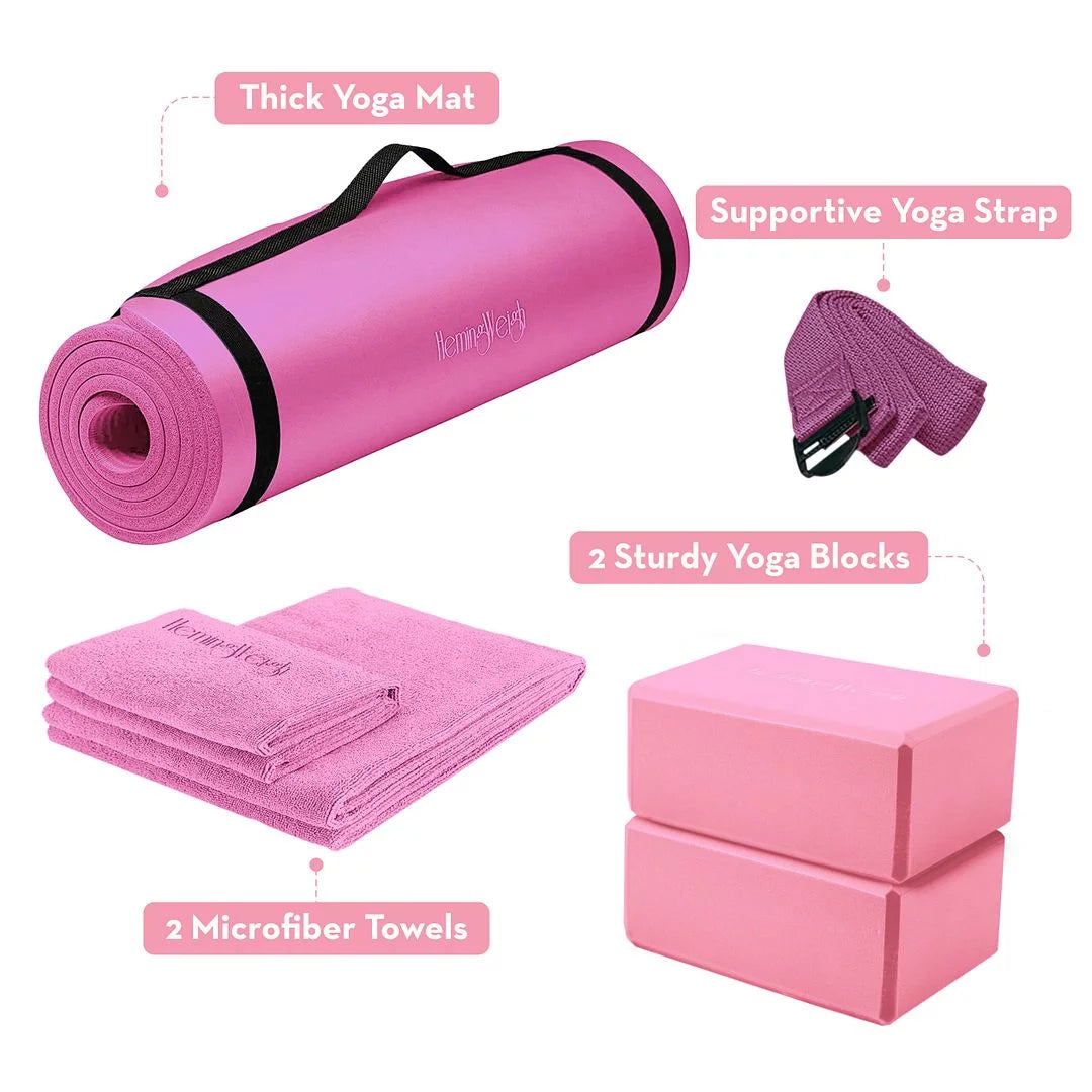 1/2 Inch Thick Yoga Mat Kit with Non Slip Blocks, Strap, Towels, Black